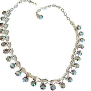 Vintage 1960s Blue Glowing Aurora Borealis Rhinestone Drops And Leaves Necklace